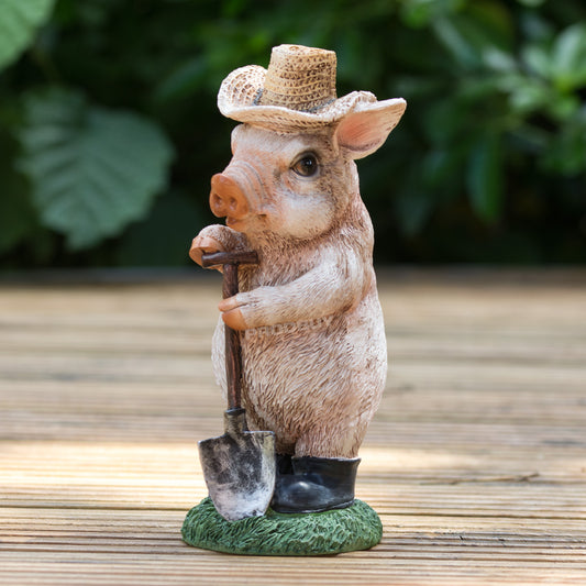 Pig with Shovel 20cm Resin Garden Ornament