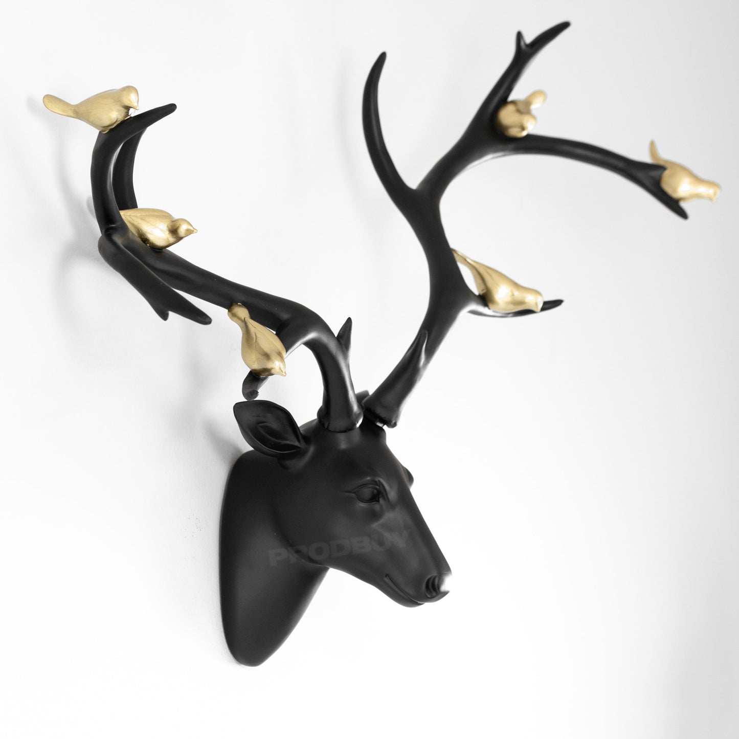 Black Stag Head Wall Decoration with Gold Birds on Antlers