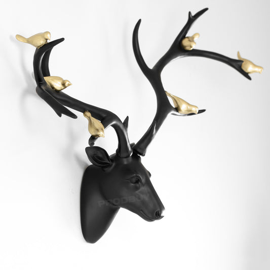 Matt Black Stag Head Wall Decoration with Gold Birds on Antlers