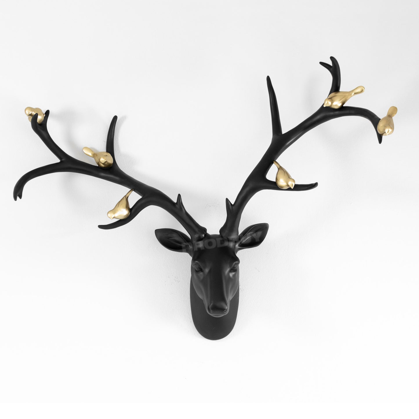 Black Stag Head Wall Decoration with Gold Birds on Antlers