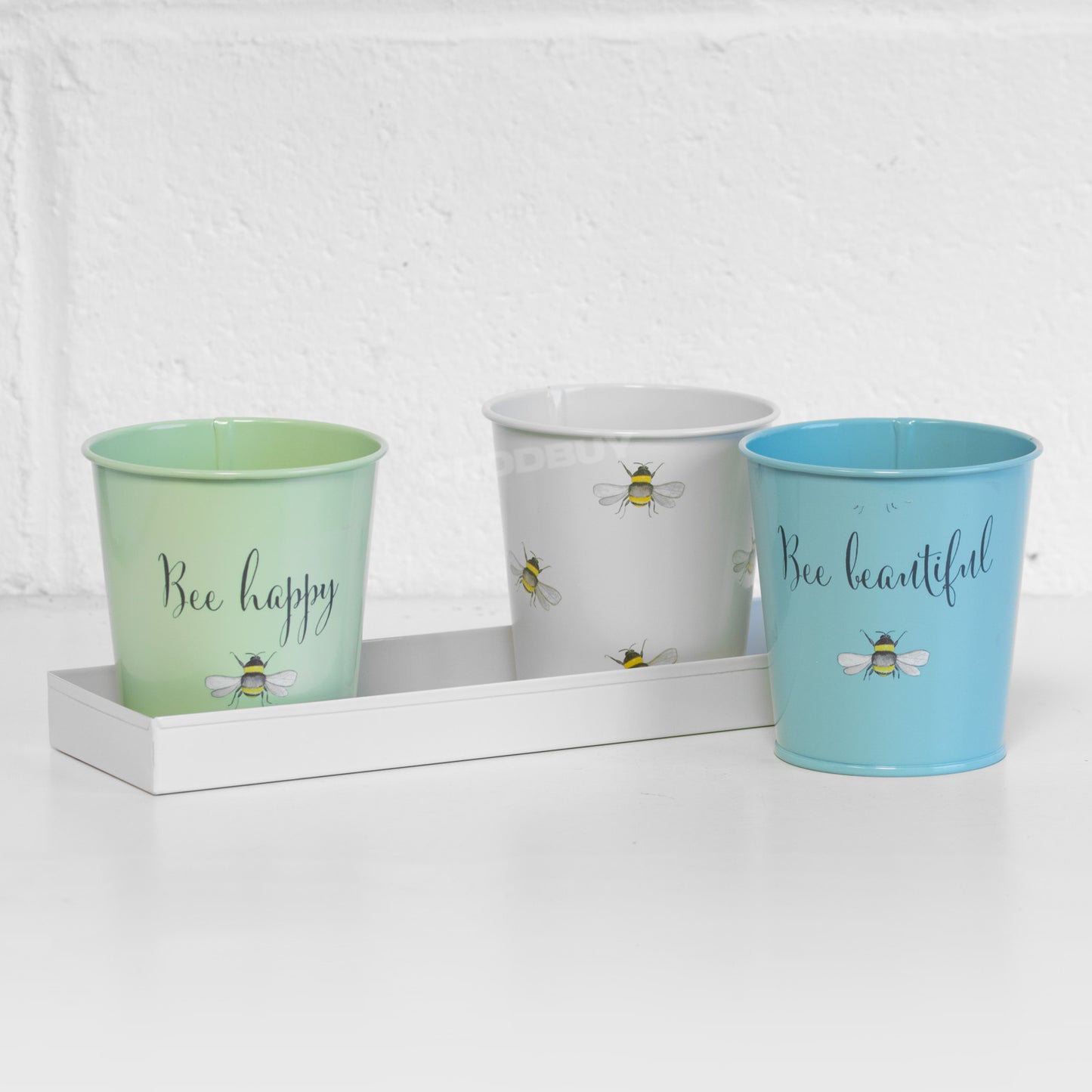 Set of 3 'Bee Happy' Metal Plant Pots on Tray