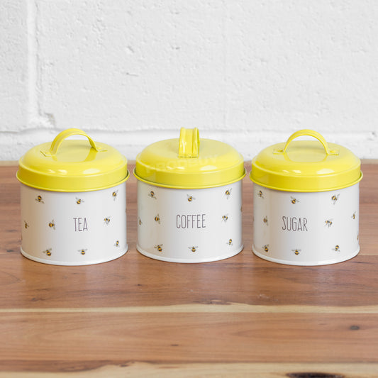 600ml Bee Design Cream Tea Coffee Sugar Set Canisters with Yellow Lids