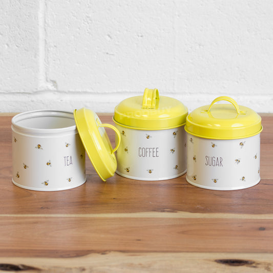 600ml Bee Design Cream Tea Coffee Sugar Set Canisters with Yellow Lids