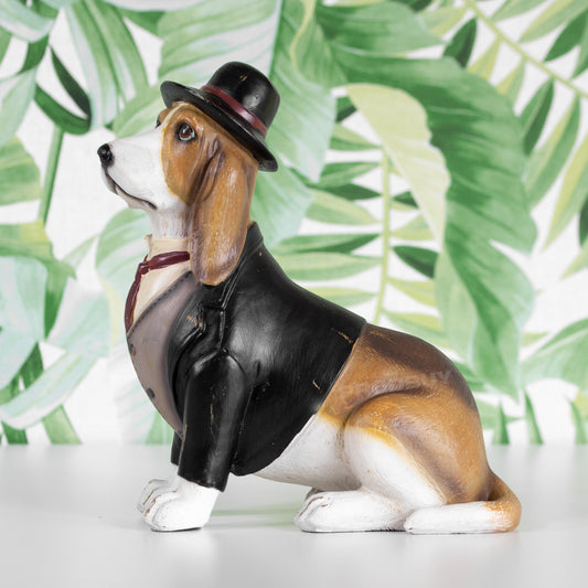 Basset Hound Dog with Hat & Tie Ornament 22cm Resin Dapper Sculpture