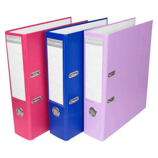 Set of 3 Lever Arch Files A4 Polypropylene 80mm with Blue/Raspberry Pink/Lilac Purple Colours