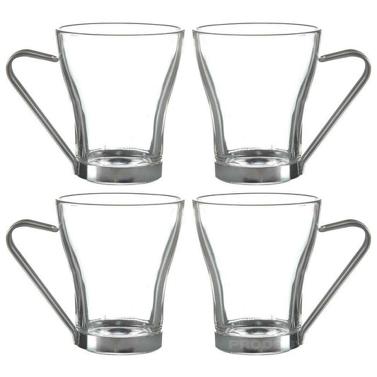 Set of 4 x 200ml Metal Handle Glass Coffee Mugs Tea Cups Hot Drinks Glasses