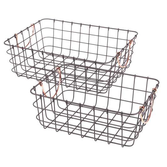 Set of 2 Metal Wire Storage Baskets with Copper Coloured Handles