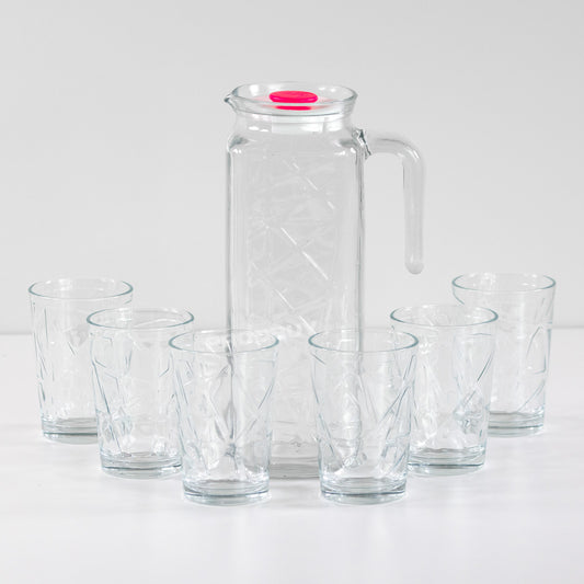 7 Piece Fridge Jug with Tumbler Glasses Set - Embossed Geometric Pattern