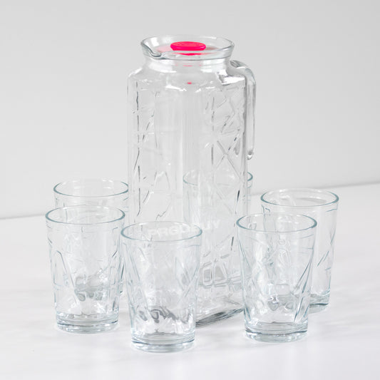 7 Piece Fridge Jug with Tumbler Glasses Set - Embossed Geometric Pattern