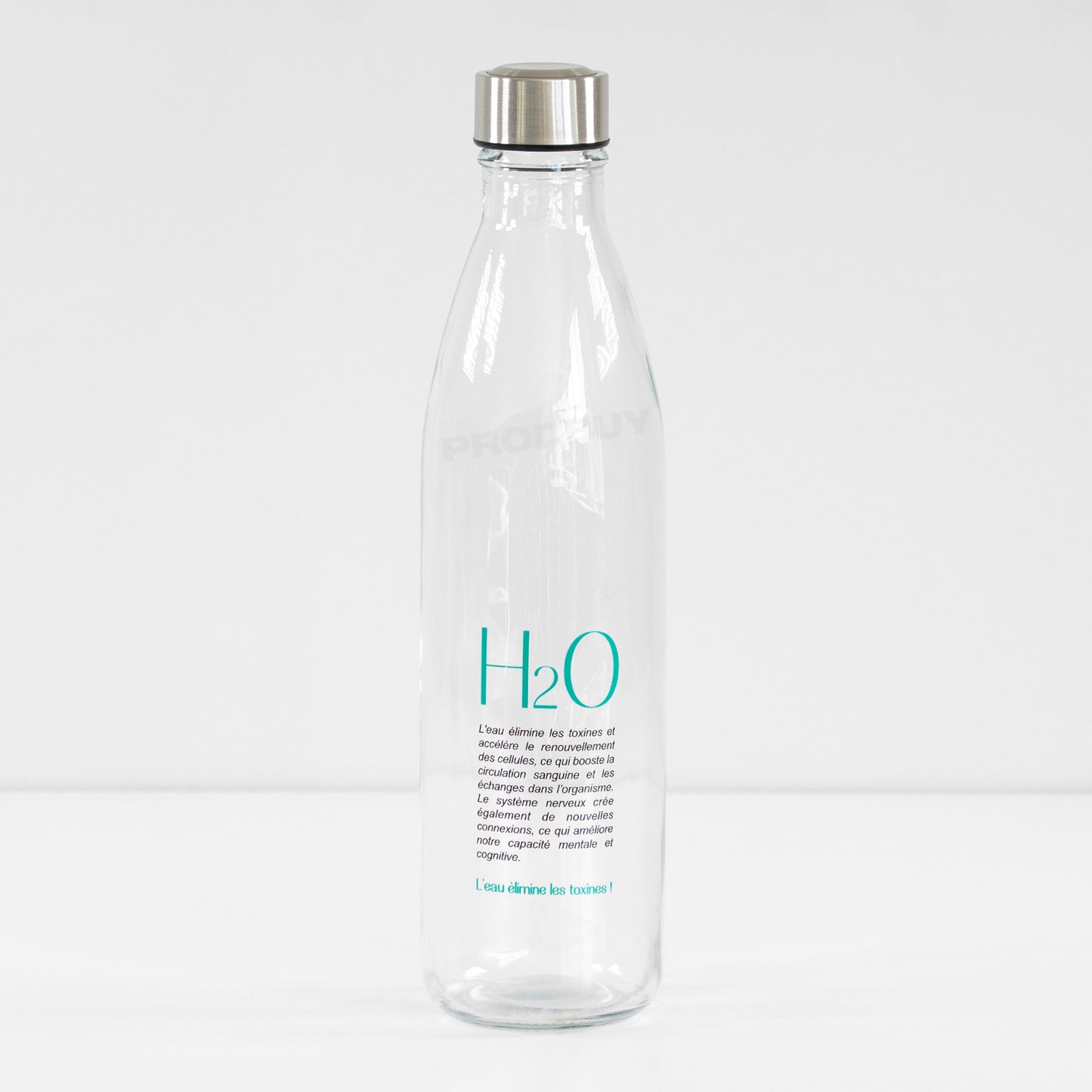 1 Litre Large H20 'French Text' Glass Water Drinks Bottle Screw on Lid