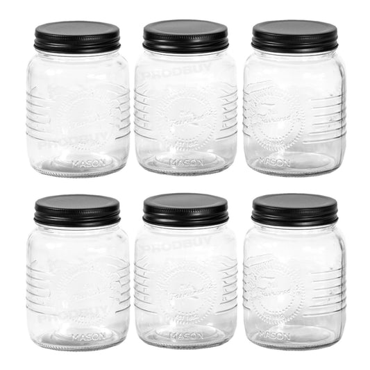 6 x 0.5 Litre Glass Preserve Storage Jars Black Screw Top Lids