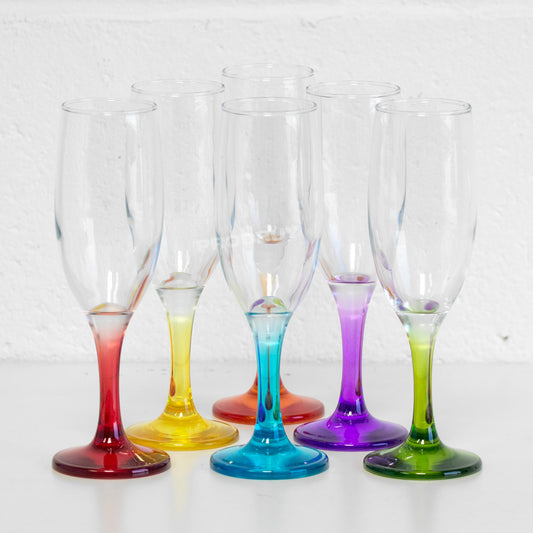 Set of 6 Champagne Flute 190ml Glasses with Colour Stems