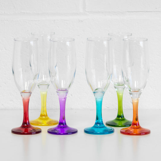 Set of 6 Champagne Flute 190ml Glasses with Colour Stems