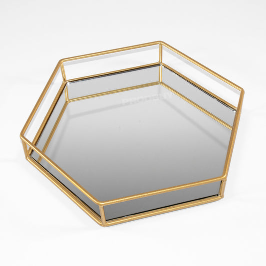 Gold Frame Hexagon Mirror Glass Candle Plate Tray