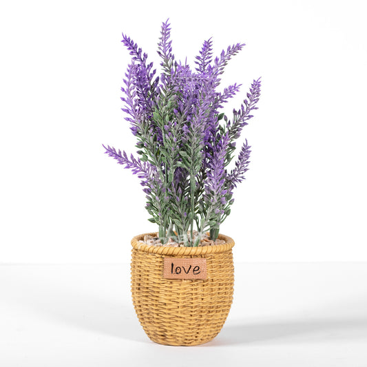 Indoor Artificial Lavender House Plant Rattan Style Resin Pot