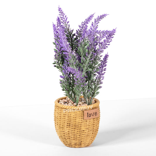 Indoor Artificial Lavender House Plant Rattan Style Resin Pot