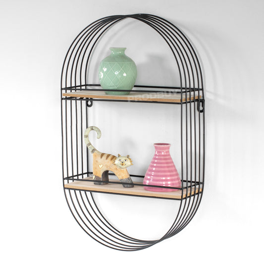 51cm Floating Black Metal Wire Wooden Shelves Wall Storage Unit