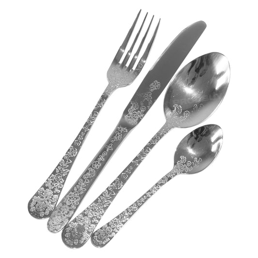 16 Piece Katie Alice Vintage Floral Etched Pattern Handles Stainless Steel Cutlery Set