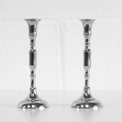 Set of 2 Silver Metal Tapered Candle Stick Holders