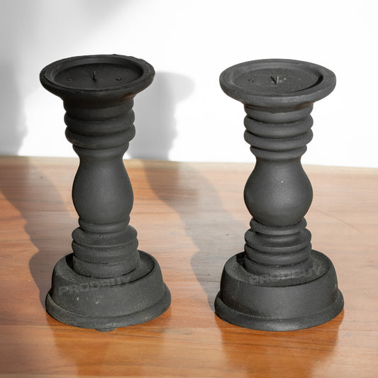Set of 2 Black Wooden Pillar Candle Holders