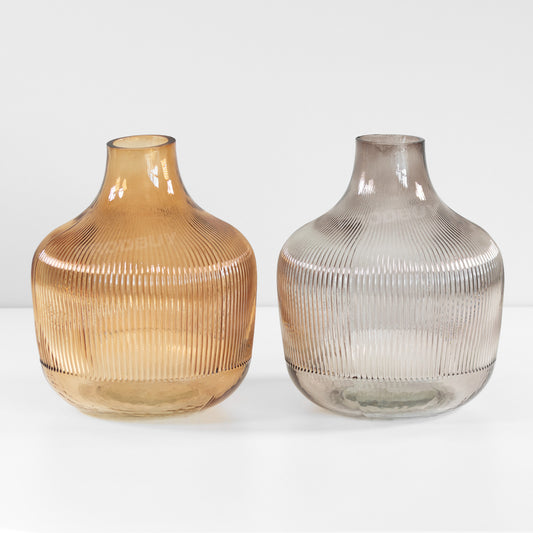 23cm Tall Ribbed Glass Bowl Shaped Vase