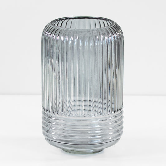 Large Ribbed Grey Transparent Glass Decorative Vase