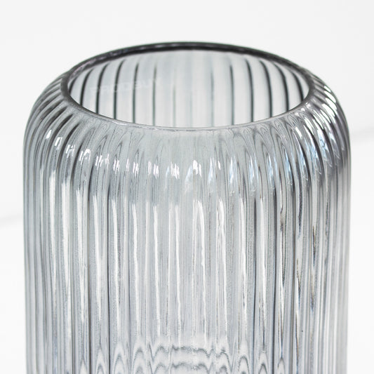 Large Ribbed Grey Transparent Glass Decorative Vase