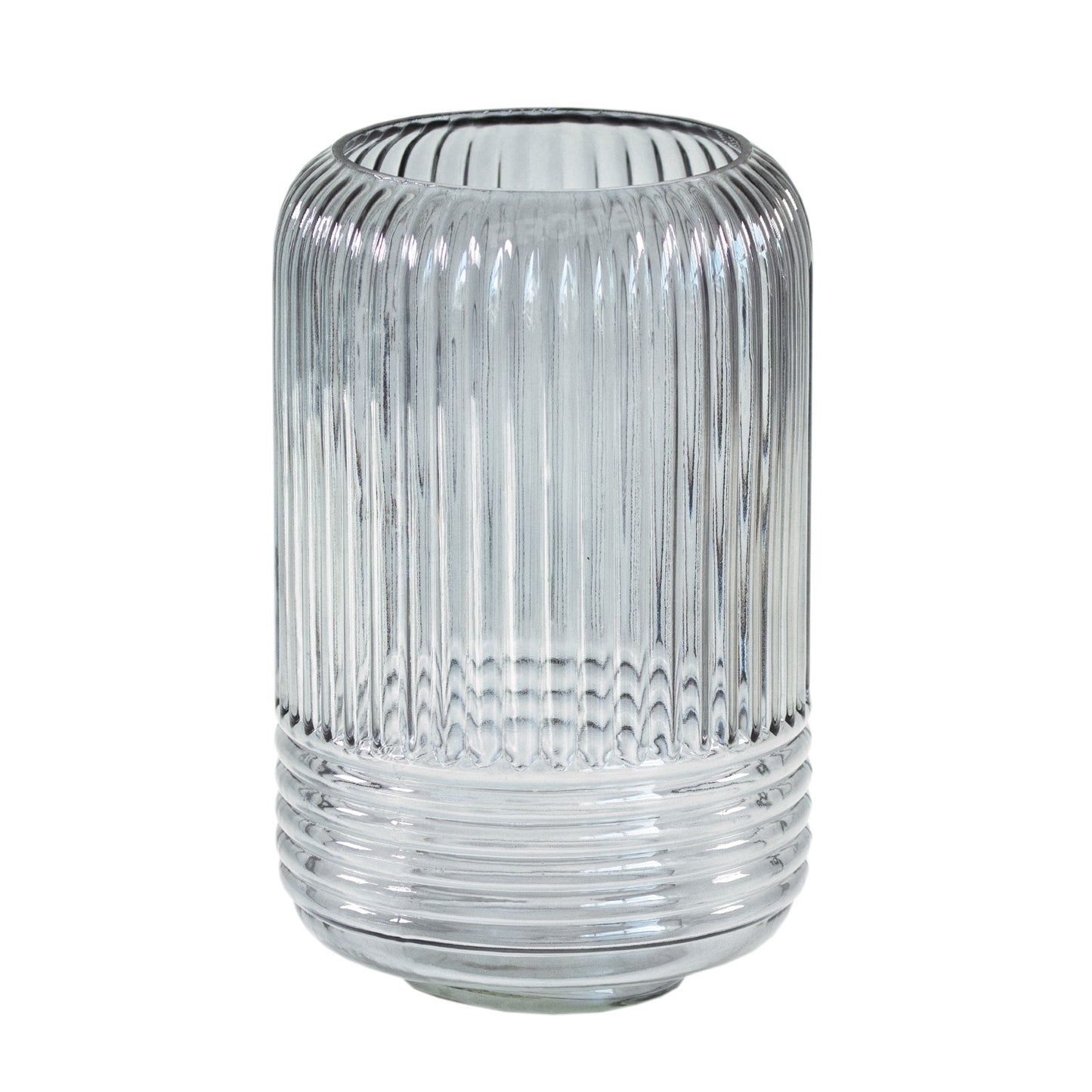 Large Ribbed Grey Transparent Glass Decorative Vase