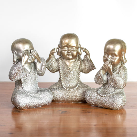 Medium Size Resin See Speak and Hear No Evil 3 Wise Buddha Ornaments