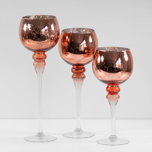 Set of 3 Tall Stemmed Copper Glass Candle Holders