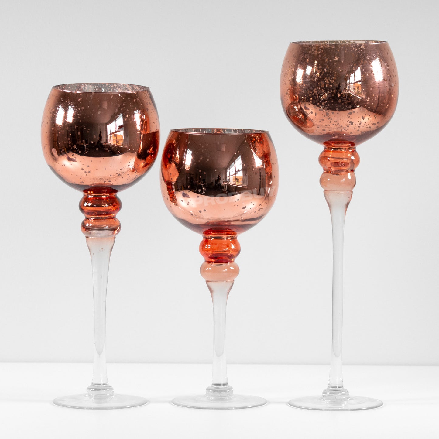 Set of 3 Tall Stemmed Copper Glass Candle Holders