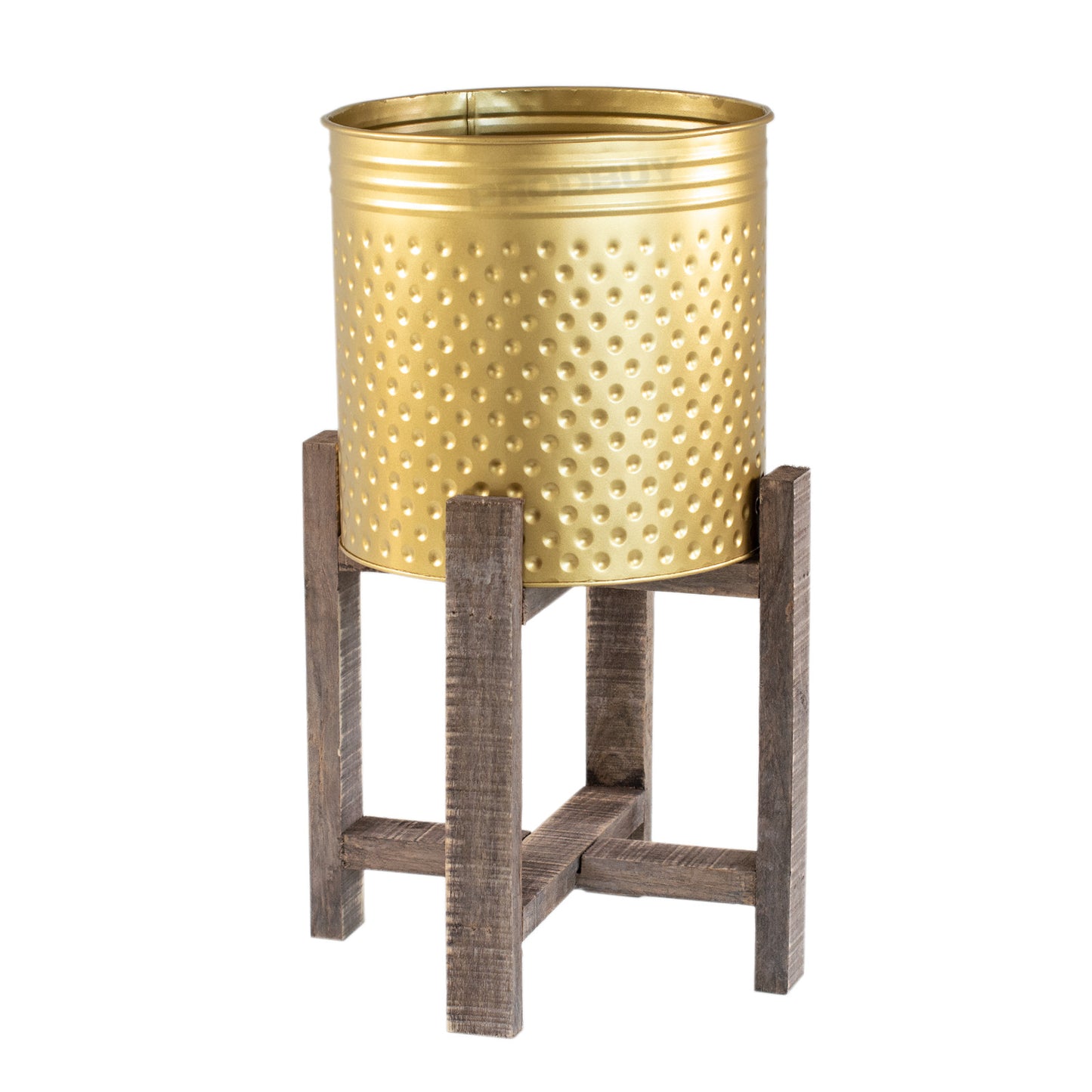 Floor Standing Metal Plant Pot Cover with Wooden Stand