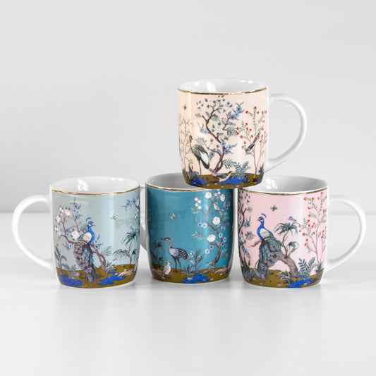 Mugs Set of 4 300ml Porcelain Exotic Birds Cups Tea Coffee Hot Drinks