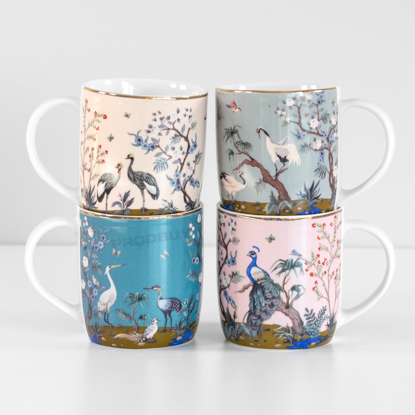 Mugs Set of 4 300ml Porcelain Exotic Birds Cups Tea Coffee Hot Drinks