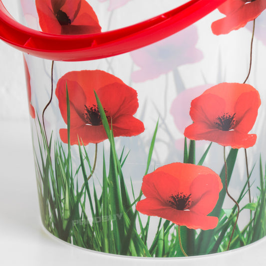 11 Litre Round Pretty Floral Poppies Clear Plastic Multi-purpose Bucket with Folding Handle