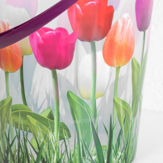 11 Litre Round Pretty Floral Tulips Clear Plastic Multi-purpose Bucket with Folding Handle