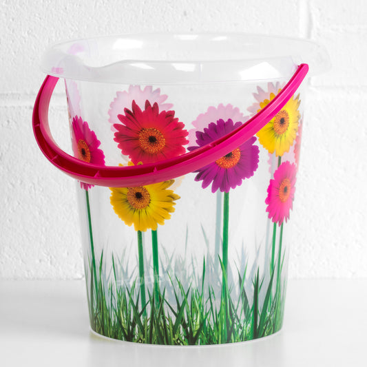 11 Litre Round Pretty Floral Daisies Clear Plastic Multi-purpose Bucket with Folding Handle