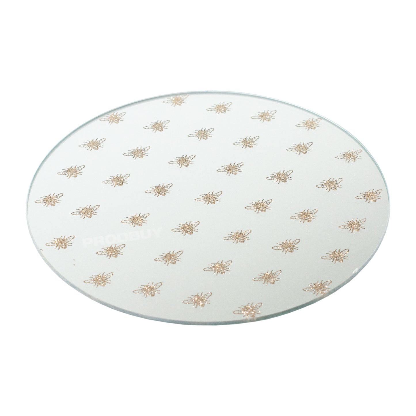 20cm Round Mirrored Glass Gold Glitter Bees Candle Display Plate Coaster