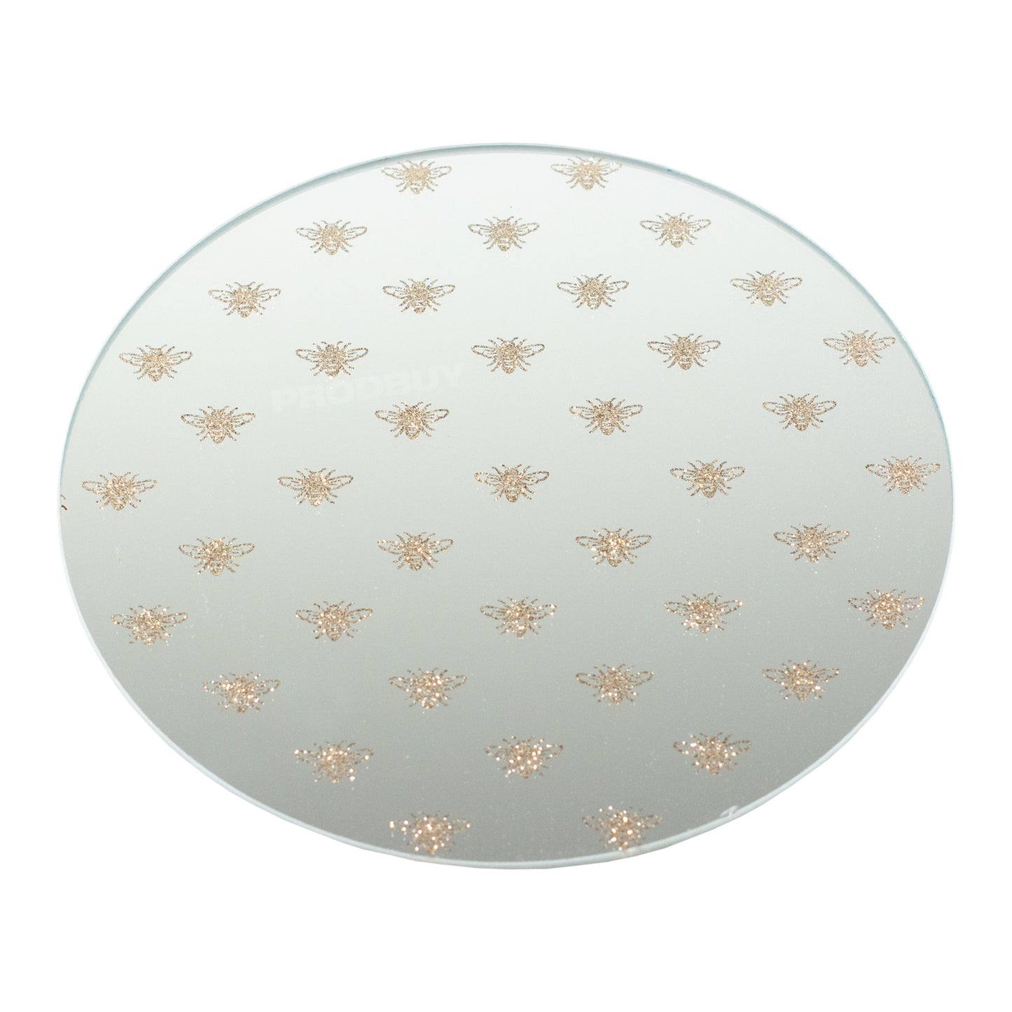 20cm Round Mirrored Glass Gold Glitter Bees Candle Display Plate Coaster