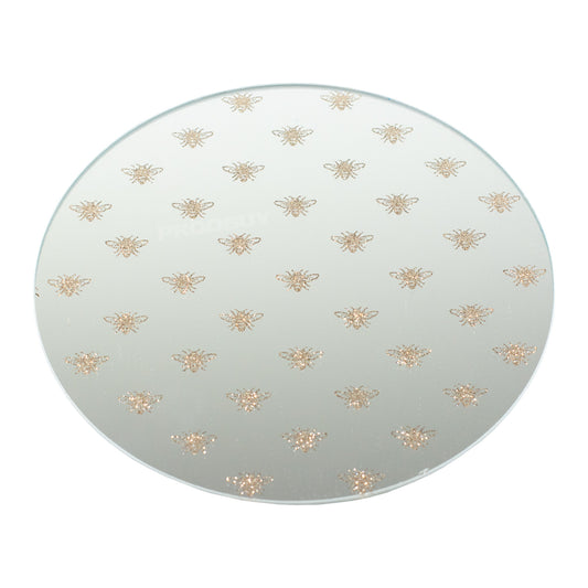 20cm Round Mirrored Glass Gold Glitter Bees Candle Display Plate Coaster