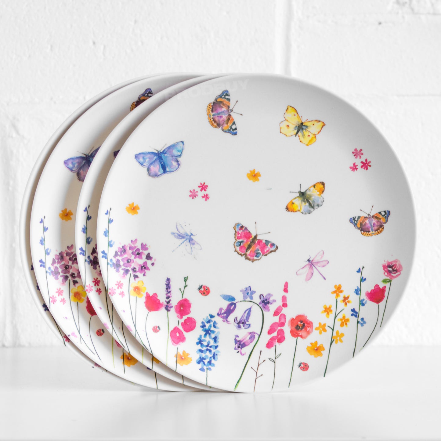 Set of 4 Floral Butterfly Bamboo Picnic Dinner Plates