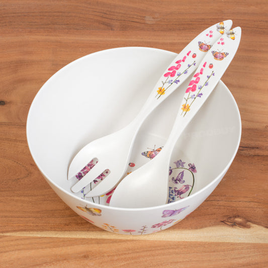 Large Round Butterfly Salad Serving Bowl Dish with Server Spoon Fork Set