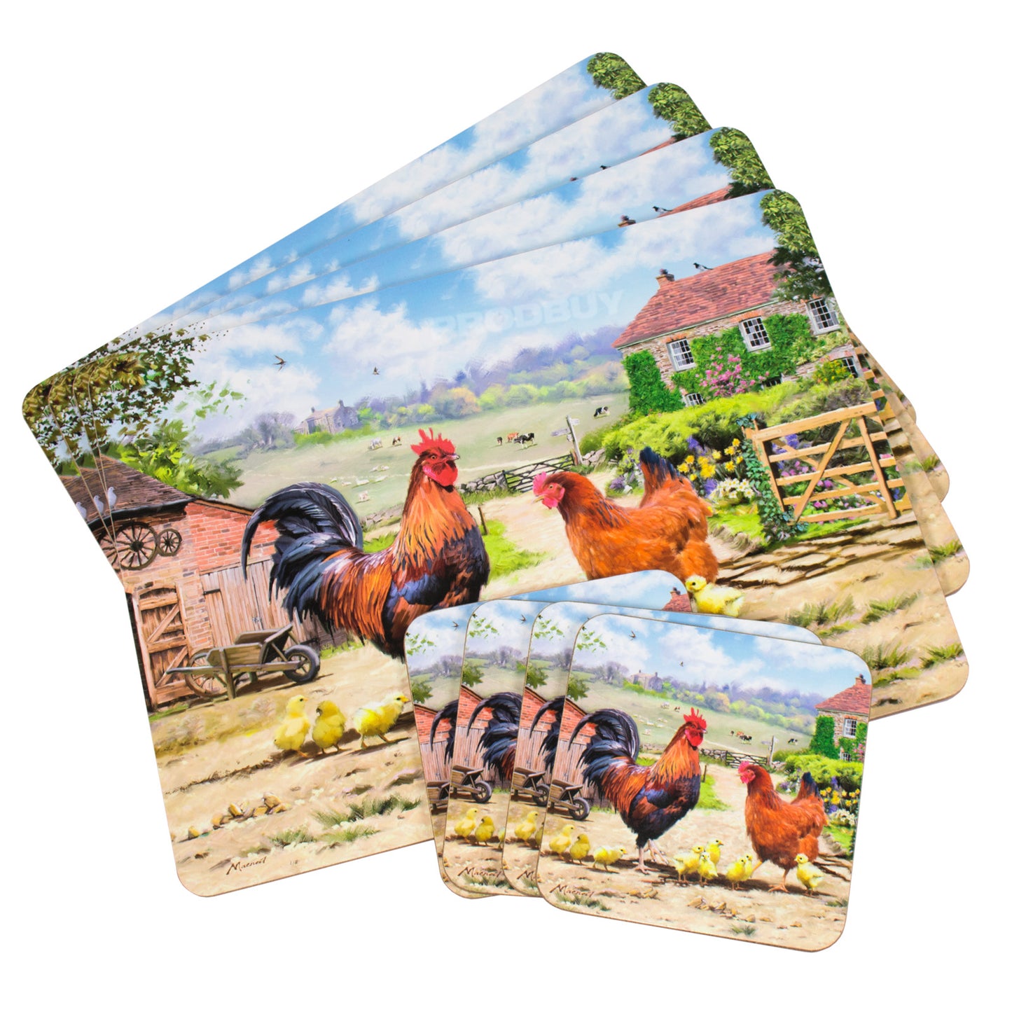Set of 4 Farmhouse Chickens Cork Backed Placemats & Coasters Table Setting Mats