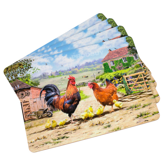 Set of 4 Farmhouse Chickens Cork Backed Placemats & Coasters Table Setting Mats