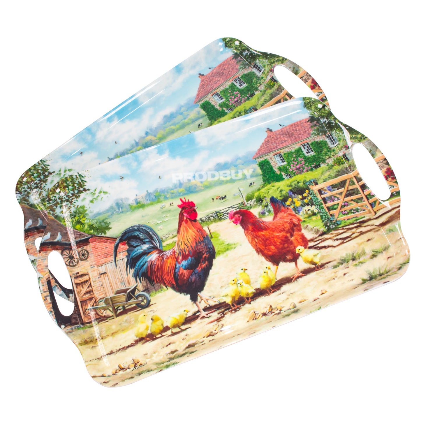 Set of 2 Melamine Serving Trays with Handles - Farmhouse Chickens Design