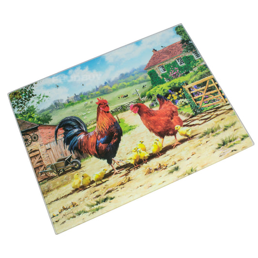 40cm x 30cm Tempered Glass Worktop Saver Cutting Board - Farmhouse Chickens Design