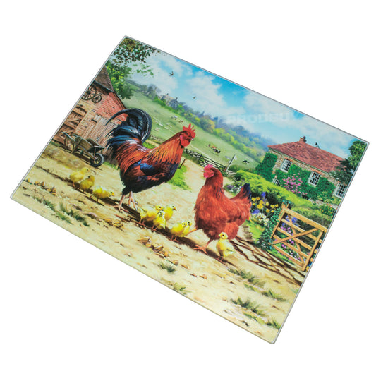 40cm x 30cm Tempered Glass Worktop Saver Cutting Board - Farmhouse Chickens Design