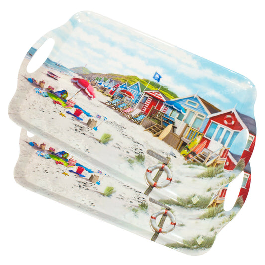 Set of 2 Beach Hut Large Melamine TV Dinner Food Serving Lap Sandwich Tea Trays