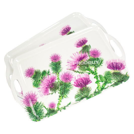 Set of 2 Melamine Serving Trays with Handles - Purple Thistle Floral Design