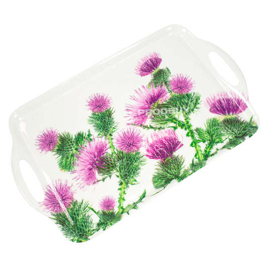 Set of 2 Melamine Serving Trays with Handles - Purple Thistle Floral Design